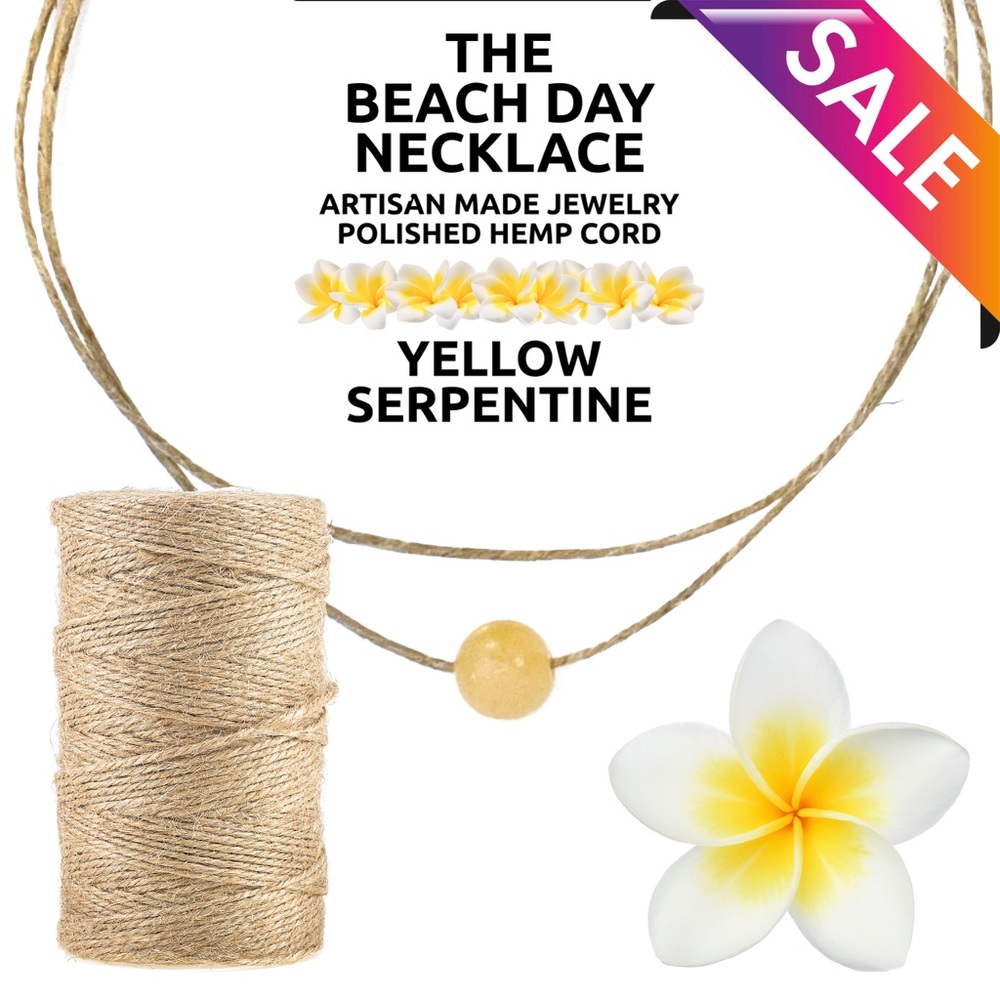 Island Sunset Artisan Beach Day Hemp Necklace Yellow Serpentine 6mm Slider